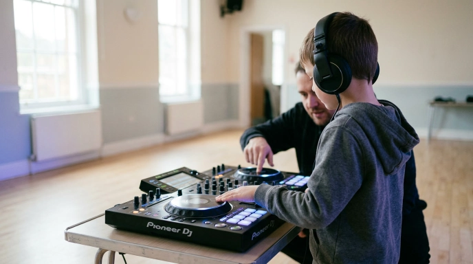 A child of around seven learning to DJ on a controller with an instructor alongside