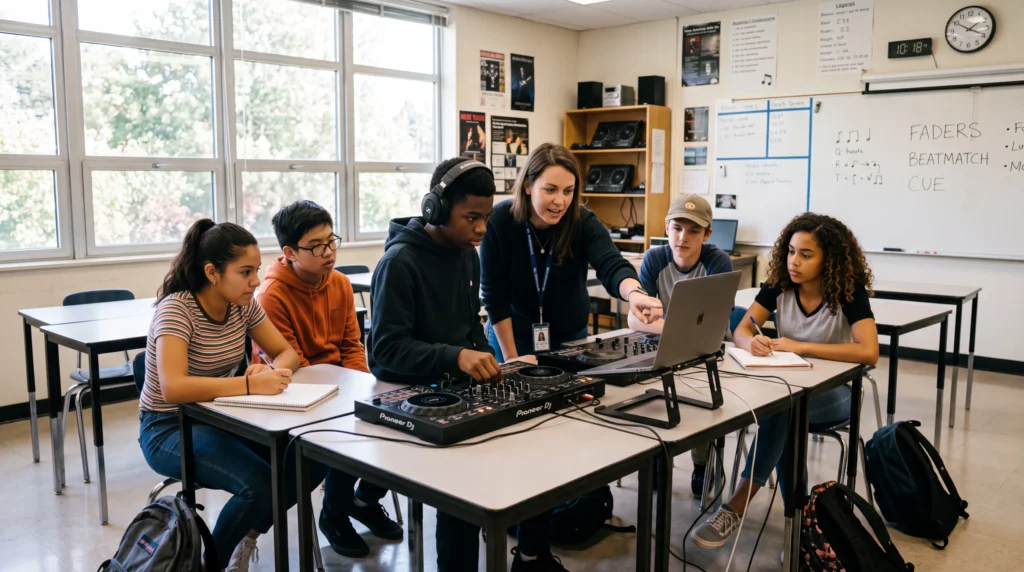 wide shot of a bright school classroom with a group of diverse teenagers aged 13-15 sitting around two DJ controllers on desks.