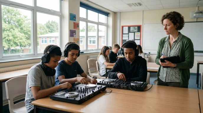 Enrichment framework September 2026, students in a school DJ workshop