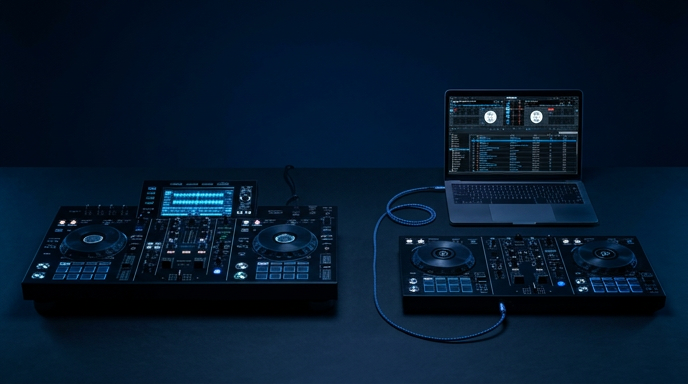 A standalone DJ controller beside a controller connected to a laptop