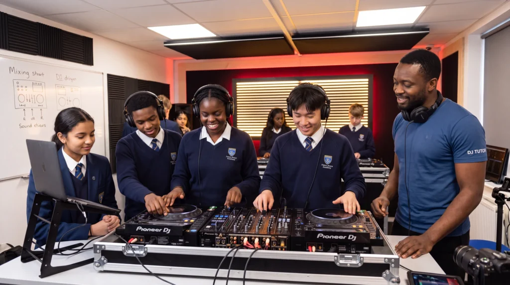 DJ workshops for schools - students learning to mix on professional DJ equipment